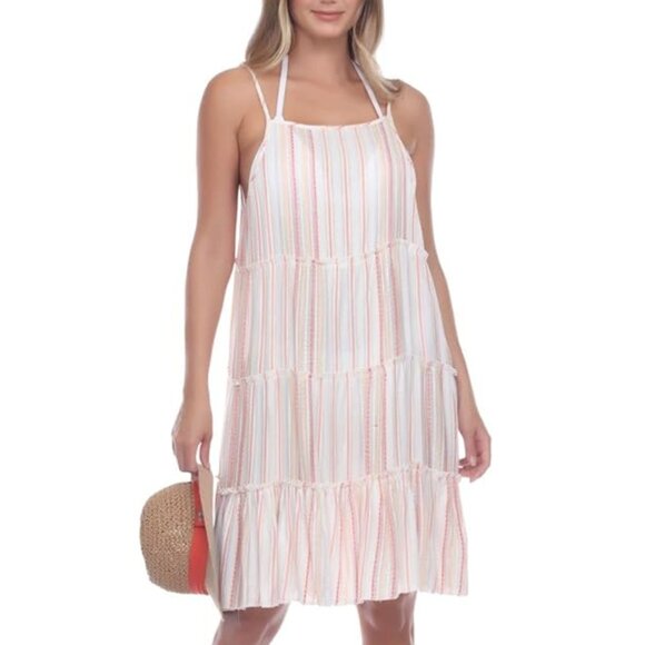 Raviya Other - Raviya Pink White Stripe Sleeveless Tiered Boho Sundress Cover Up